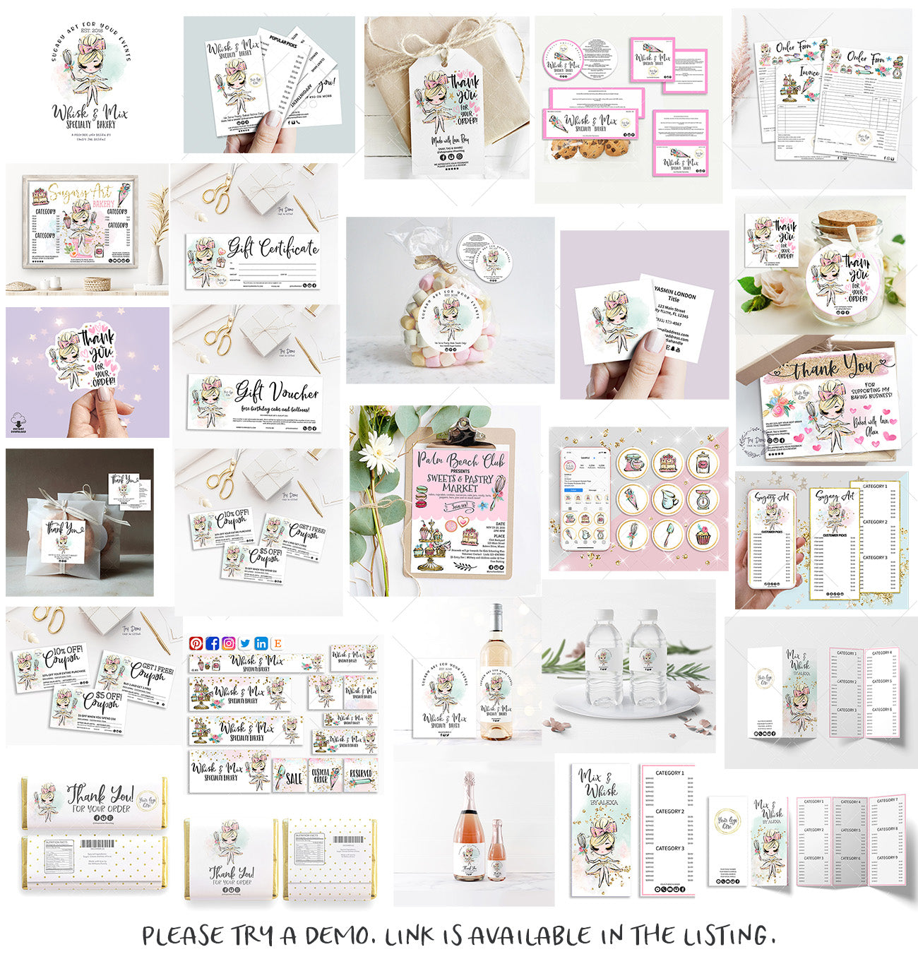 Bakery Shop Templates Bundle, Cute Bakery Girl, Blond, Editable Printable, Girl CharacterCandyJarStudios