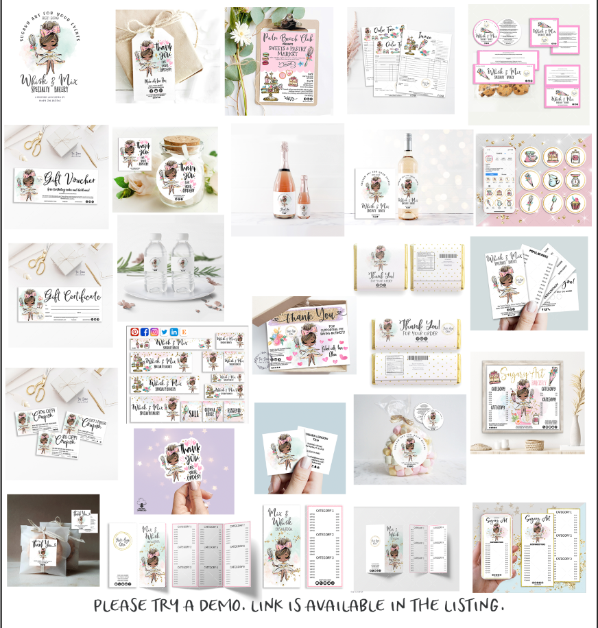 Bakery Shop Templates Bundle, Cute Bakery Girl, Brown Hair, Editable Printable, Girl CharacterCandyJarStudios