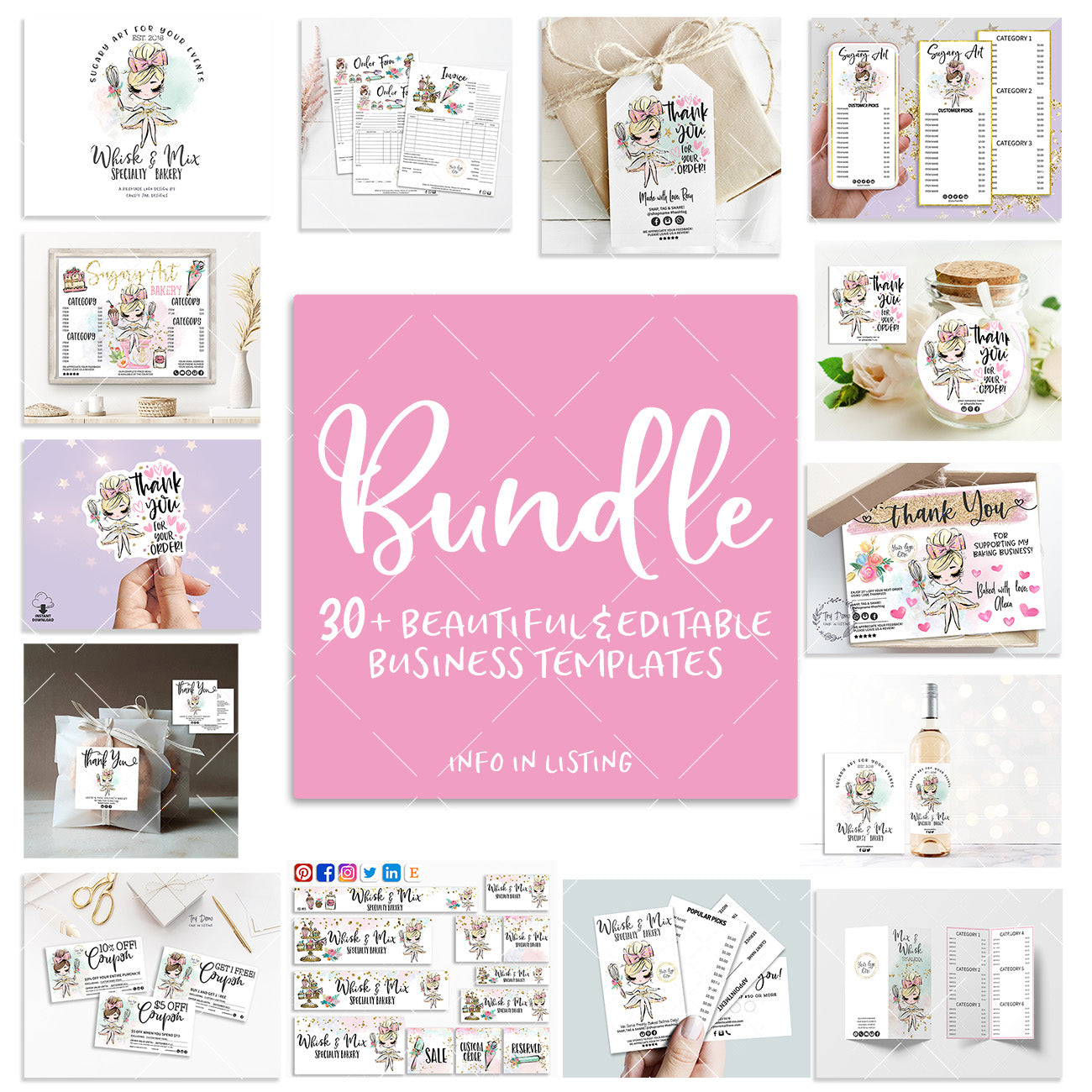 Bakery Shop Templates Bundle, Cute Bakery Girl, Blond, Editable Printable, Girl CharacterCandyJarStudios