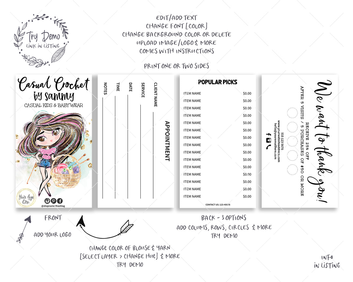 Crochet Business Card Set, Yarn Basket, Editable Printable, Girl CharacterCandyJarStudios