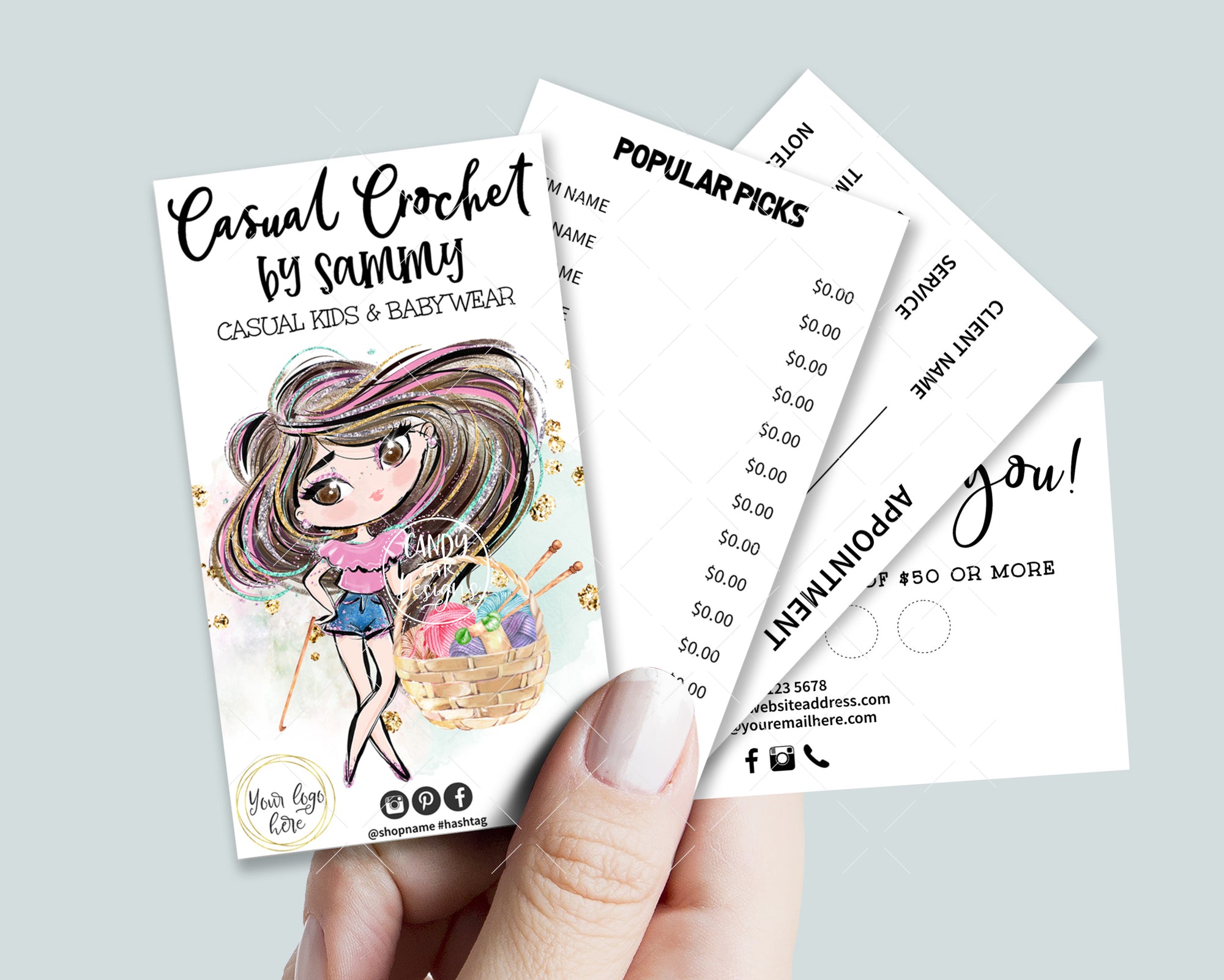 Crochet Business Card Set, Yarn Basket, Editable Printable, Girl CharacterCandyJarStudios