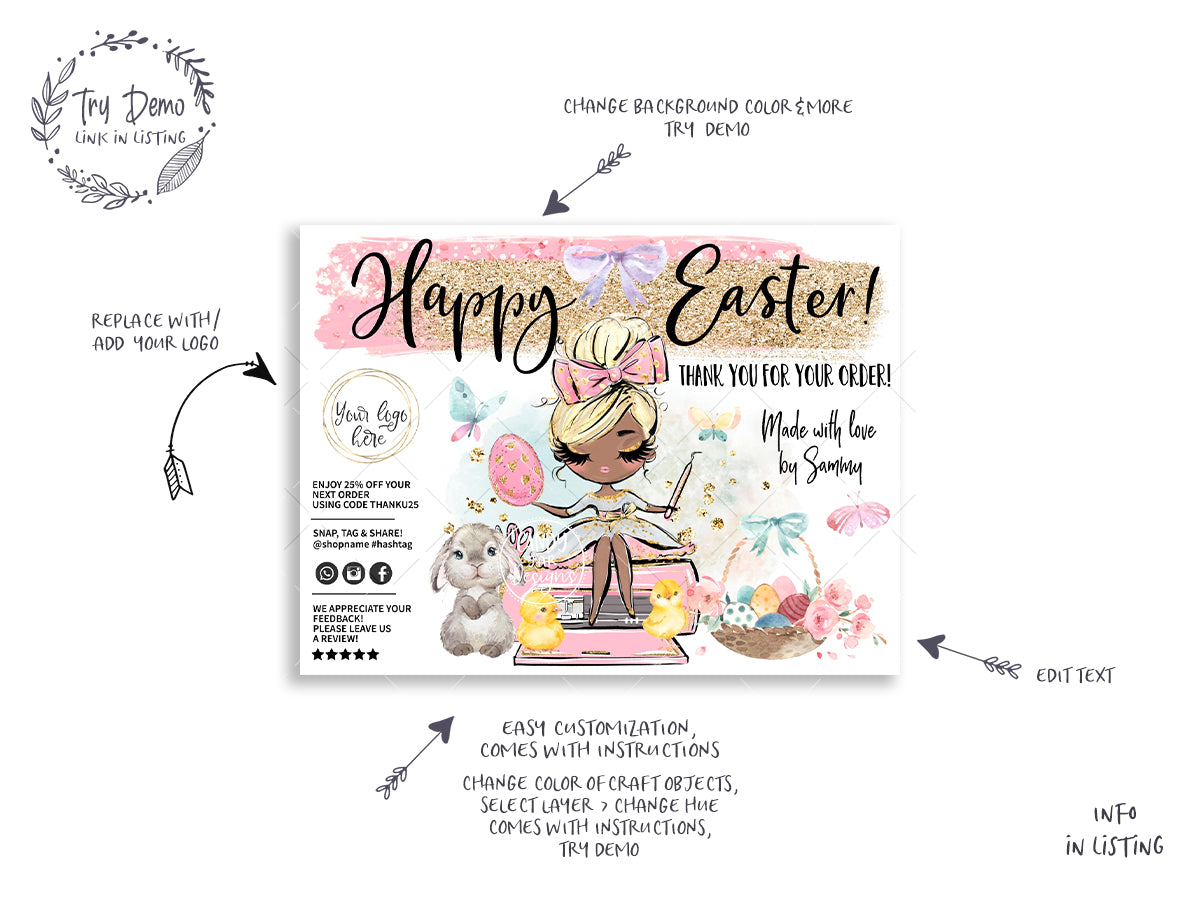 Handcrafter Easter Thank You Insert Card, Craft Girl, Editable Printable, Girl CharacterCandyJarStudios