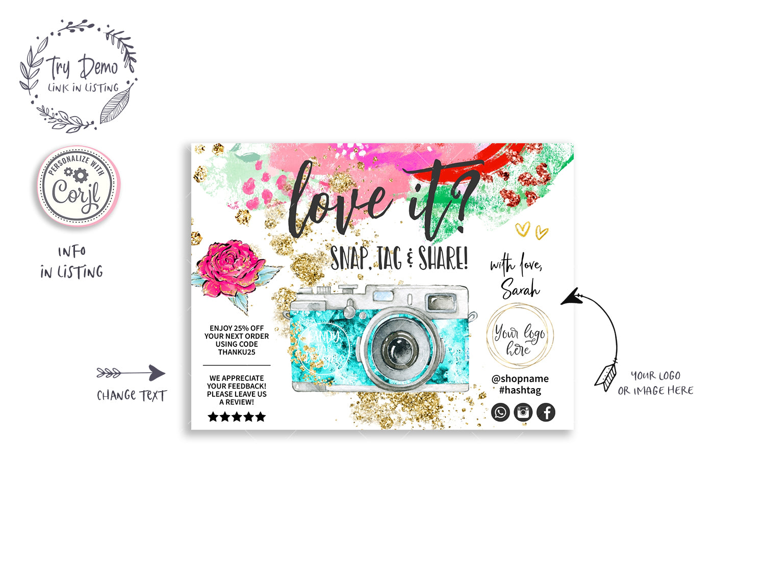 Snap Tag & Share Insert Card, Social Media Thank You Card - Candy Jar Studios