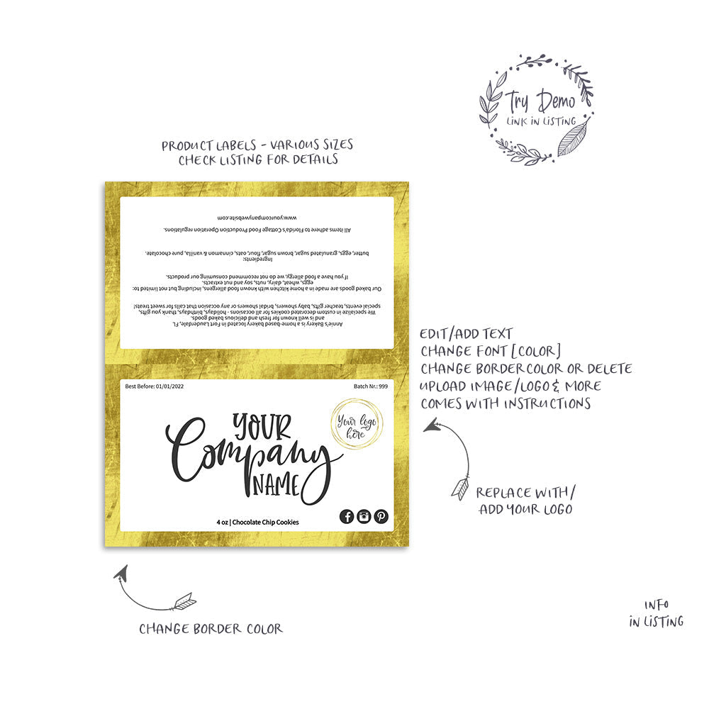 Blank Cookie Label Set, Gold, Editable PrintableCandyJarStudios
