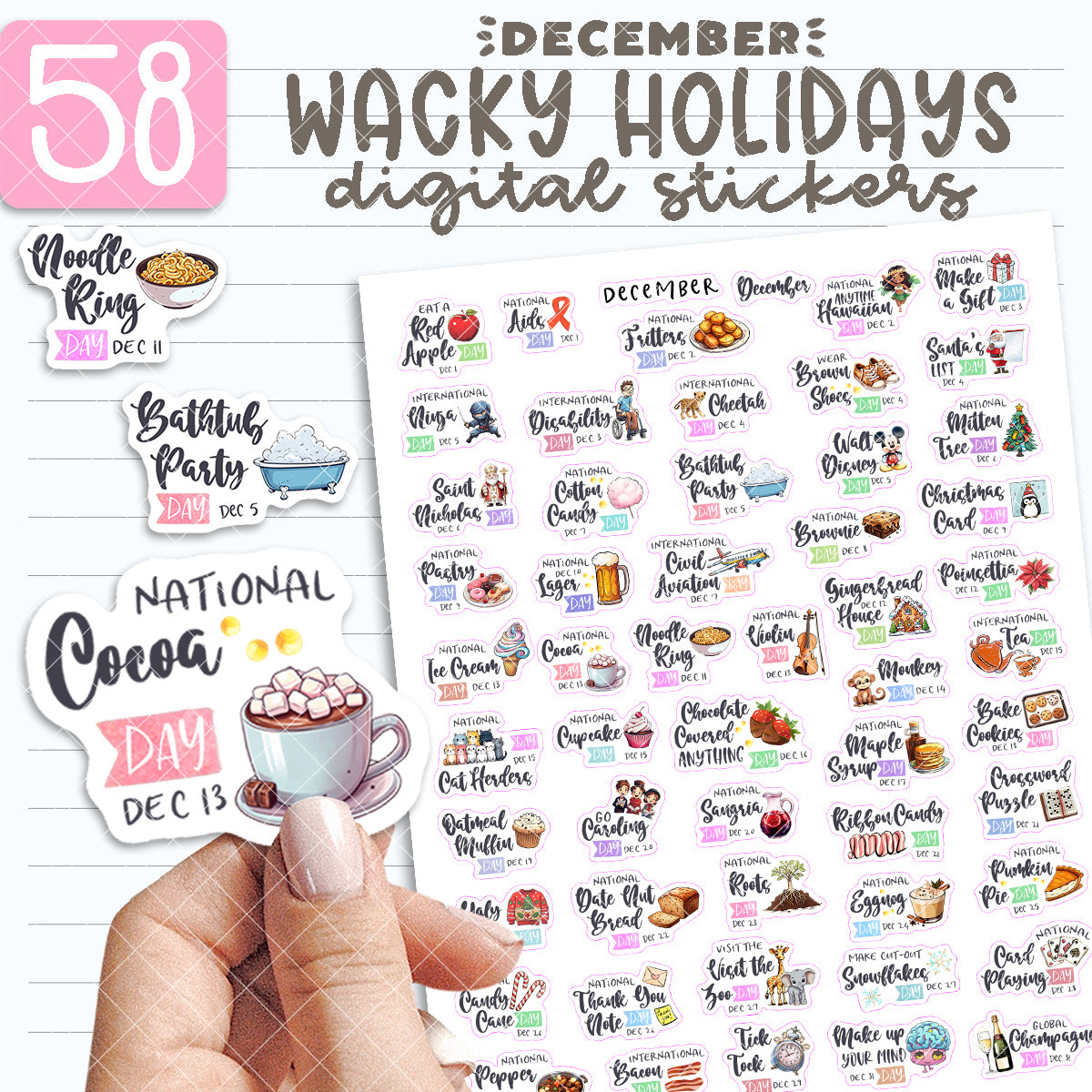 Wacky Holidays, December Planner Stickers, Editable PrintableCandyJarStudios