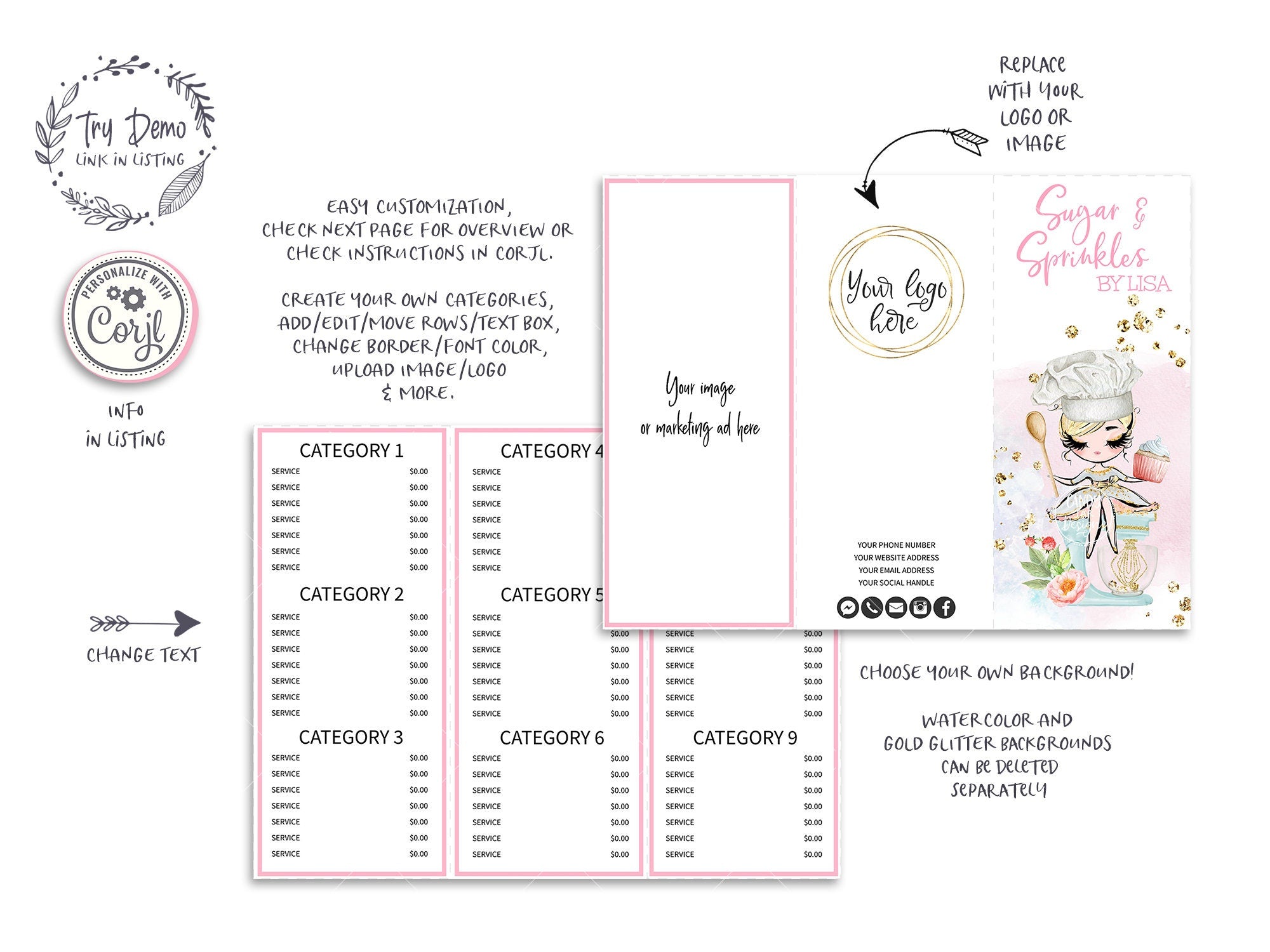 Bakery Tri-Fold Price List, Cupcake Foldable Menu Card, Blond Girl holding a Cupcake - Candy Jar Studios