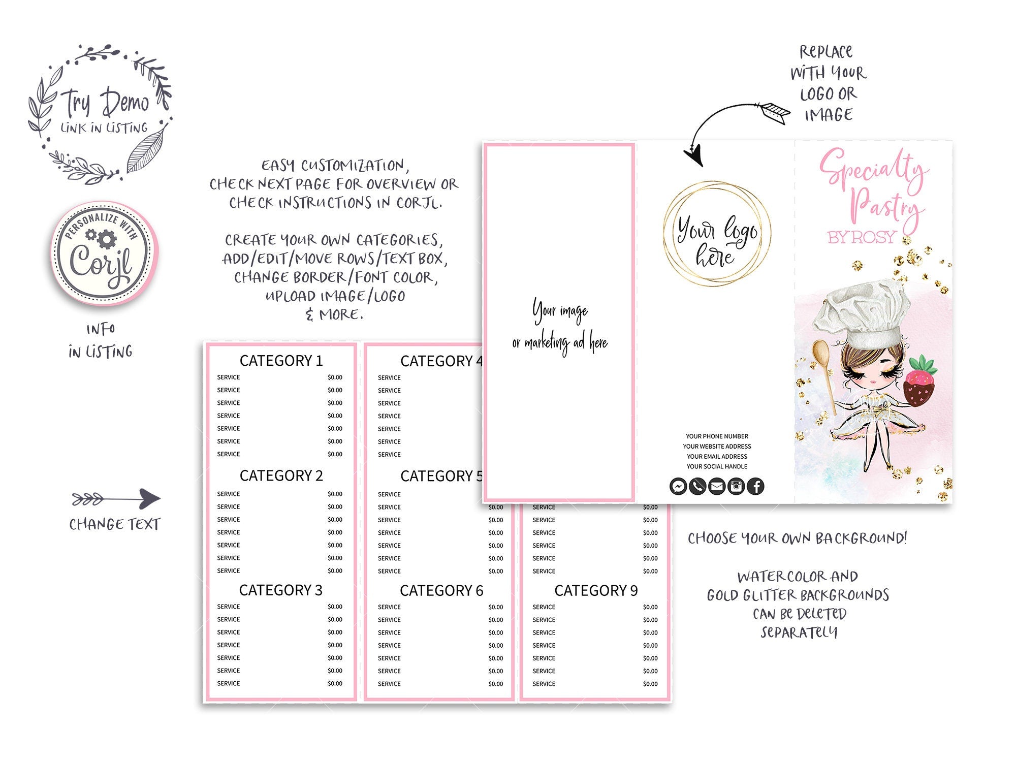 Pastry Bakery Tri-Fold Price List, Foldable Menu Card, Brown Hair Bakery Girl holding a Strawberry and Spoon - Candy Jar Studios
