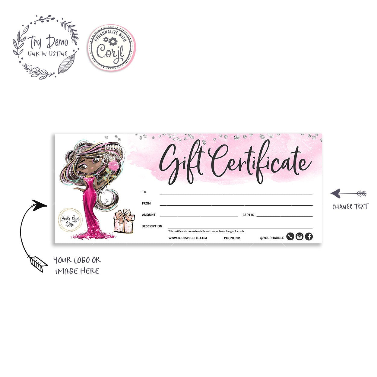 Valentine Gift Certificate, Brown Hair, Dark Skin - Candy Jar Studios