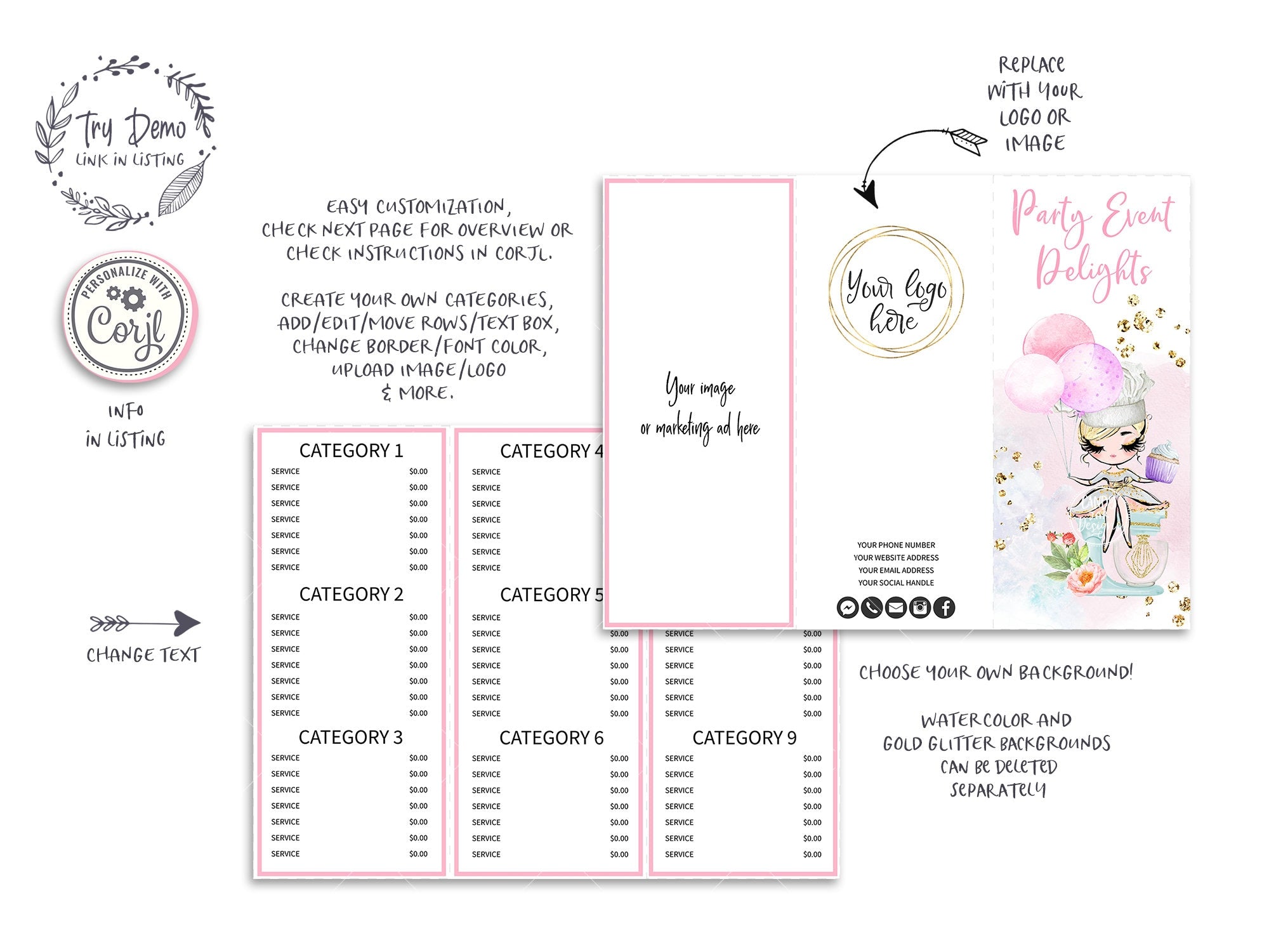 Party Events Tri-Fold Price List, Catering Menu Card, Foldable