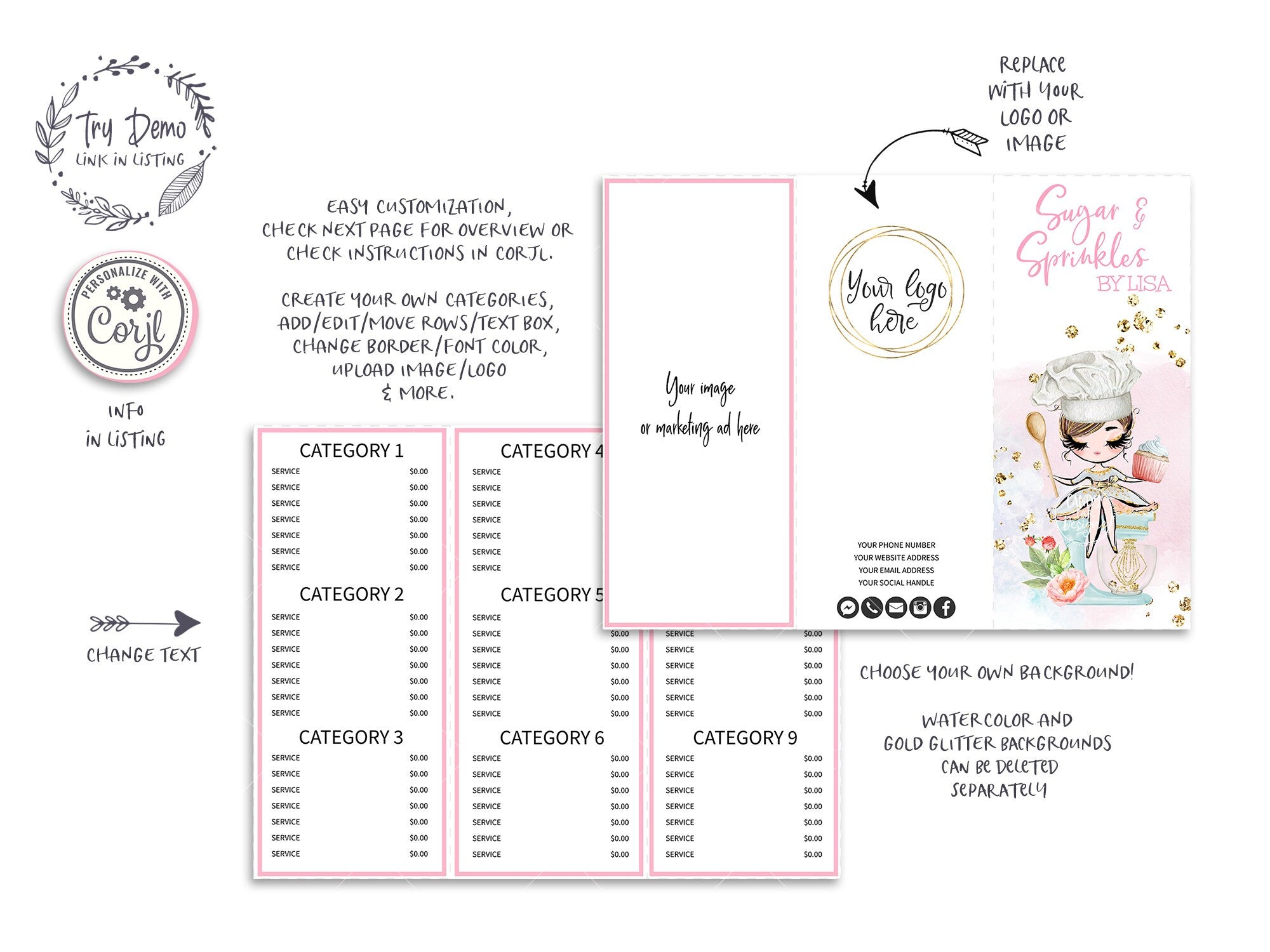 Bakery Tri-Fold Price List, Cupcake Foldable Menu Card, Brown Girl holding a Cupcake - Candy Jar Studios