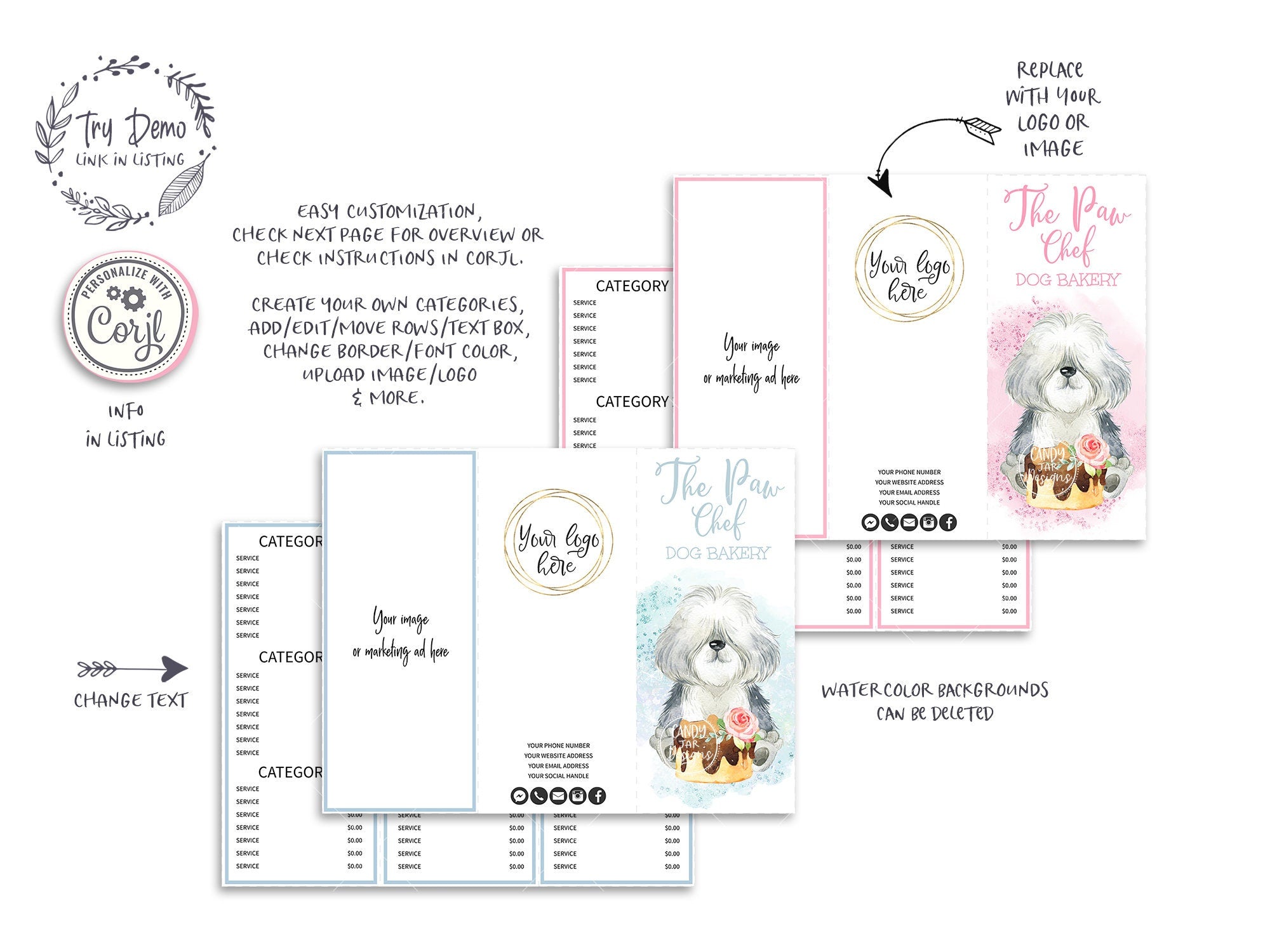 Dog Bakery Tri-Fold Price List, Pet Baker Foldable menu Card - Candy Jar Studios