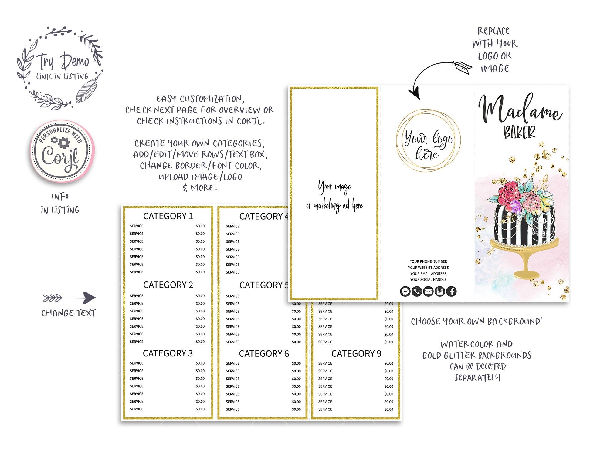 Bakery Tri-Fold Menu Price List, Wedding Cake Bakery Menu Card - Candy Jar Studios
