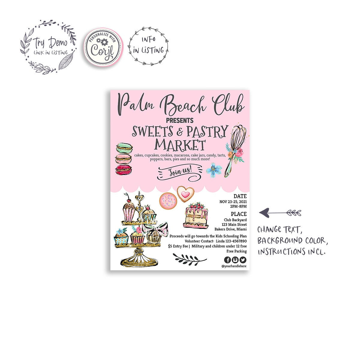 DIY Baking Event Flyer, Editable Marketing Flyer, Fundraising Flyer, Fundraiser, PTO Social Event, Cake Party, Printable, CJ009-07v6-FLR - Candy Jar Studios