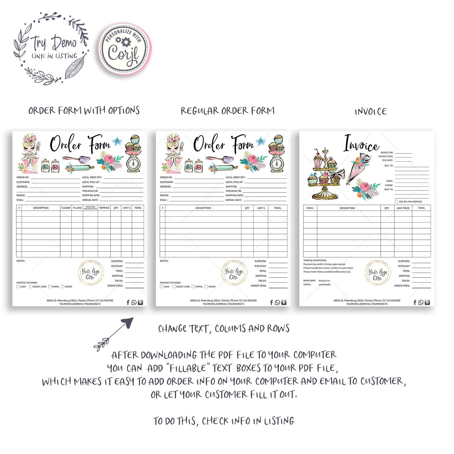 Editable Bakery Invoice, Baker Order Form, Baking Shop Branding, Bakery Girl Logo, Printable, Editable, Blond, CJ009-07v1-fo-OIF-FEA - Candy Jar Studios