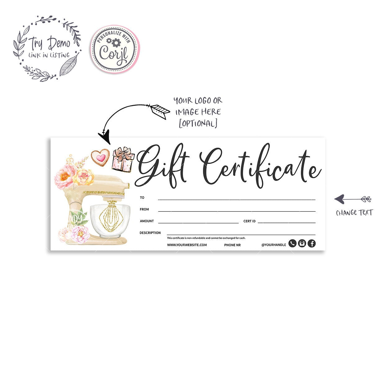Bakery Gift Certificate for Bakery Shops, Kitchen Mixer - Candy Jar Studios
