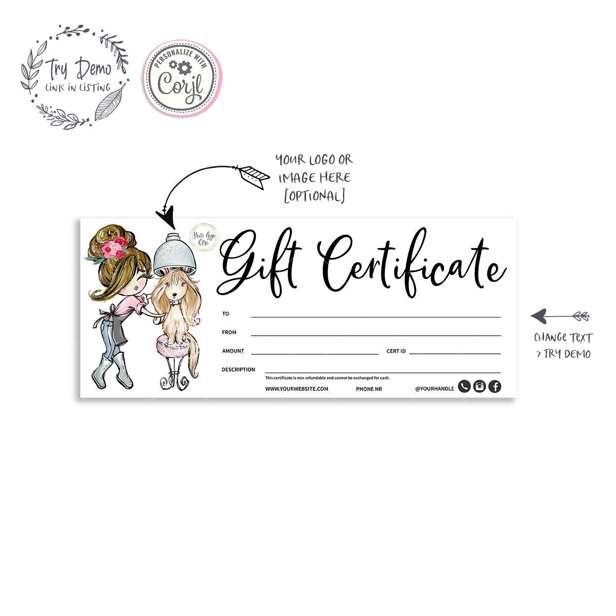 Dog Salon Gift Certificate, Pet Groomer - Candy Jar Studios