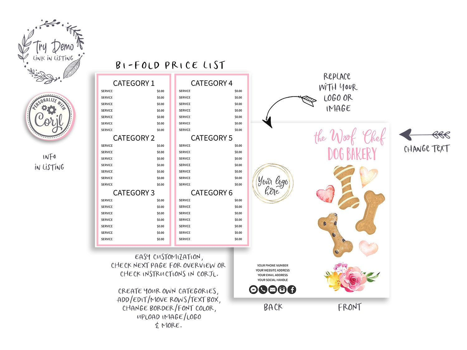 Dog Bakery Bi-Fold Price List, Pet Cookie Menu Card - Candy Jar Studios
