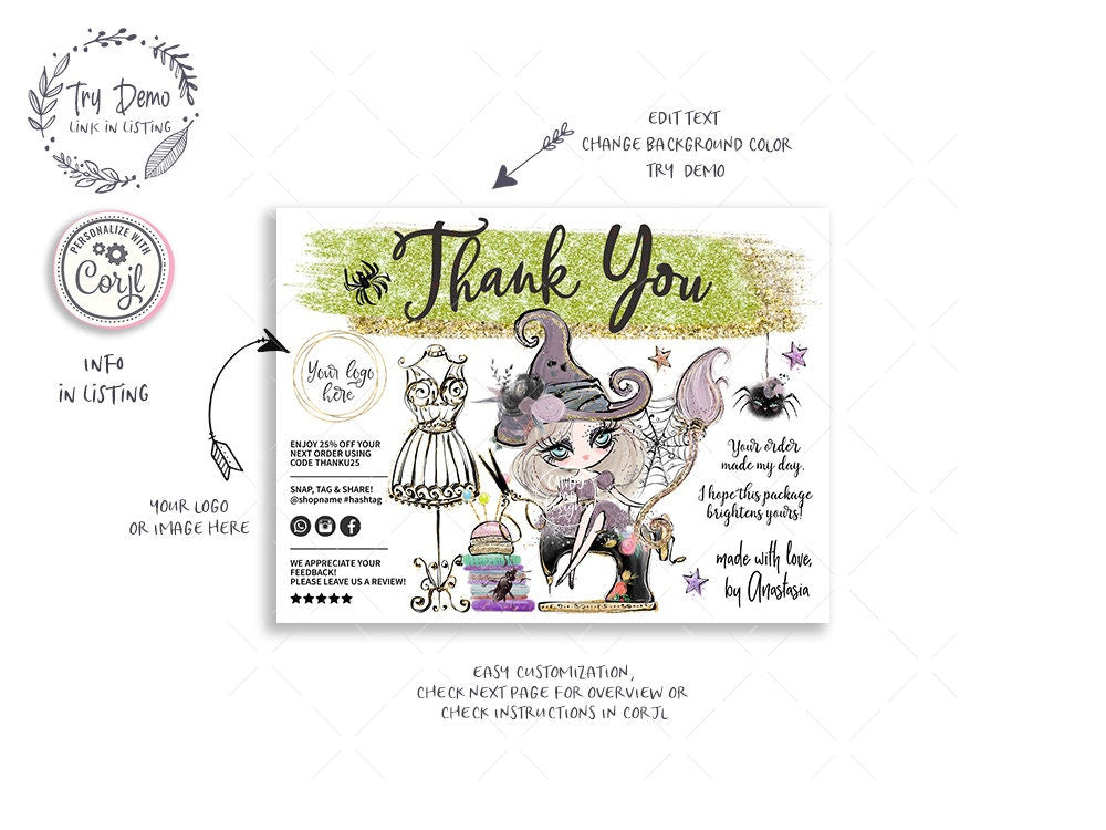 Halloween Sewing Business Thank You Card, Knitting Witch Insert