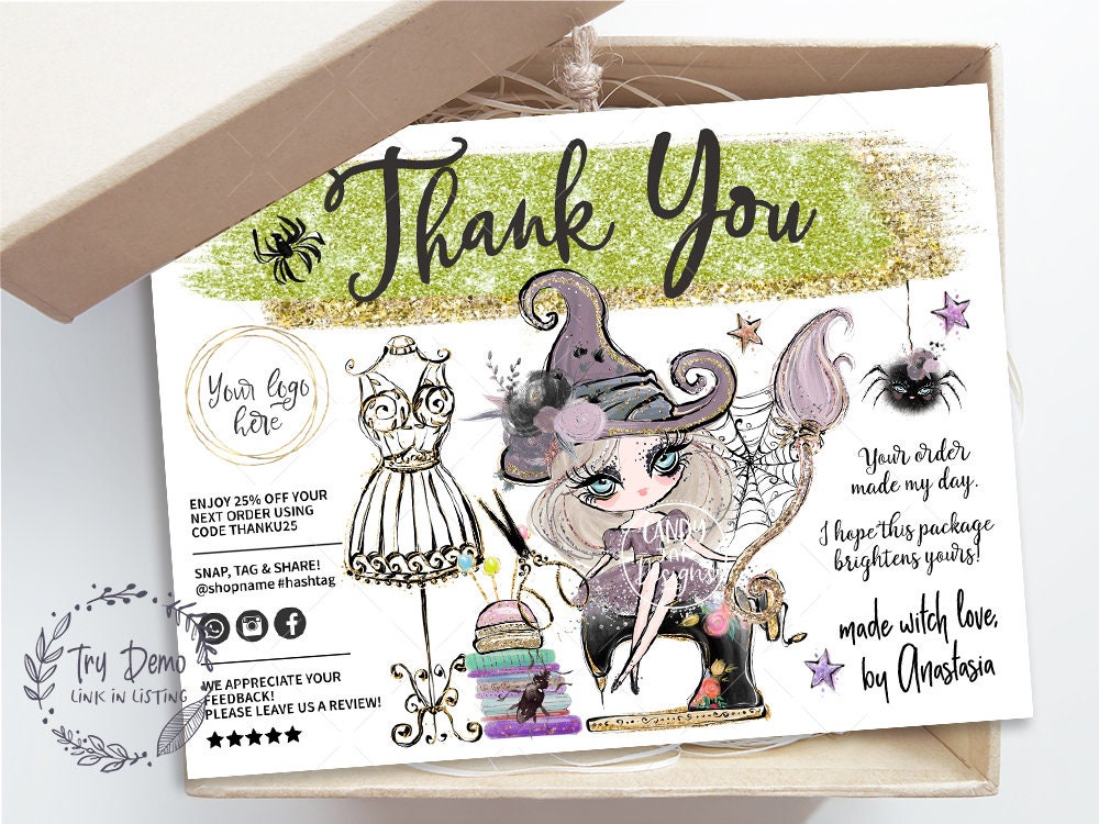 Halloween Sewing Business Thank You Card, Knitting Witch Insert