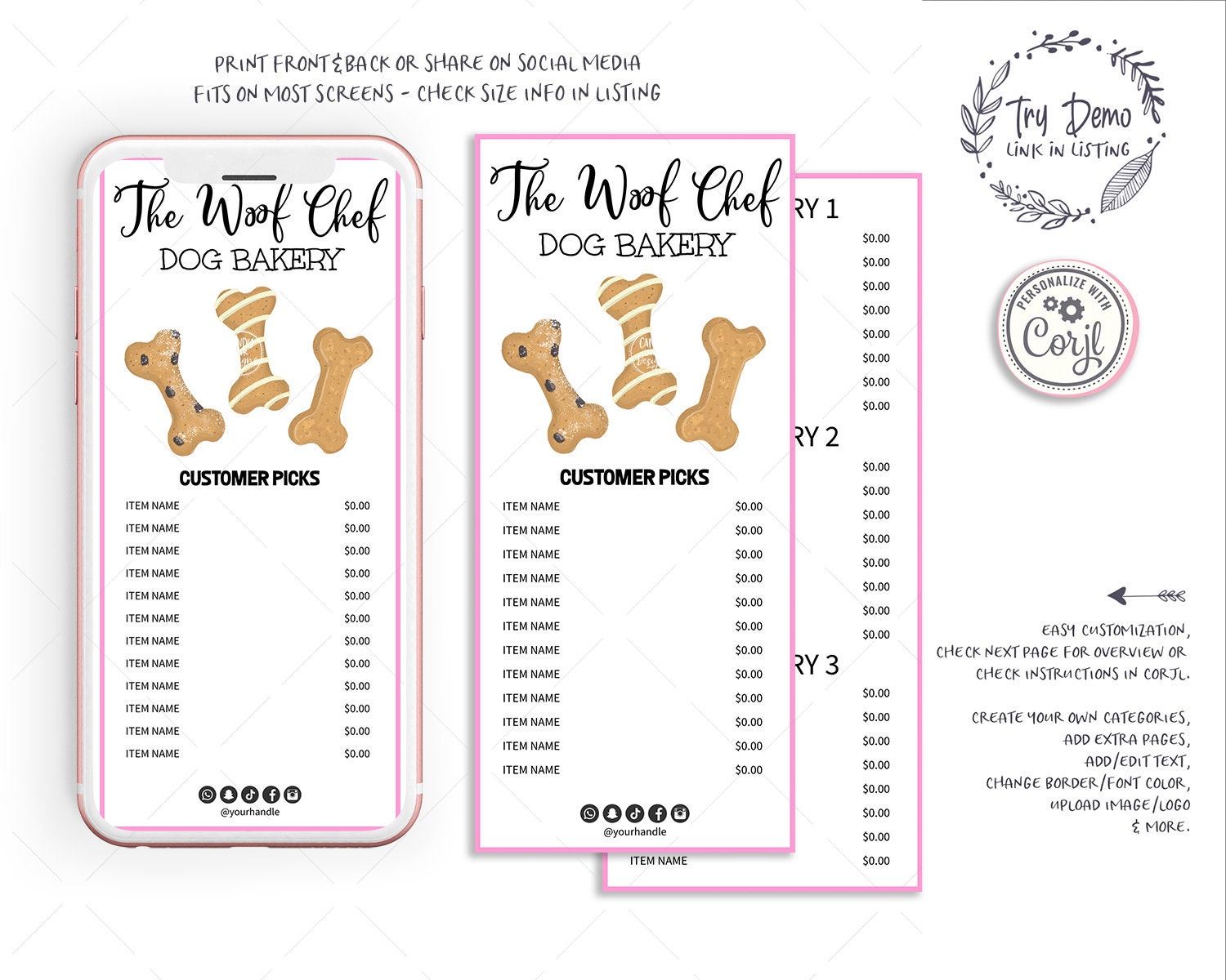 Dog Bakery Menu Card, Pet Baking Price List, Cookies - Candy Jar Studios