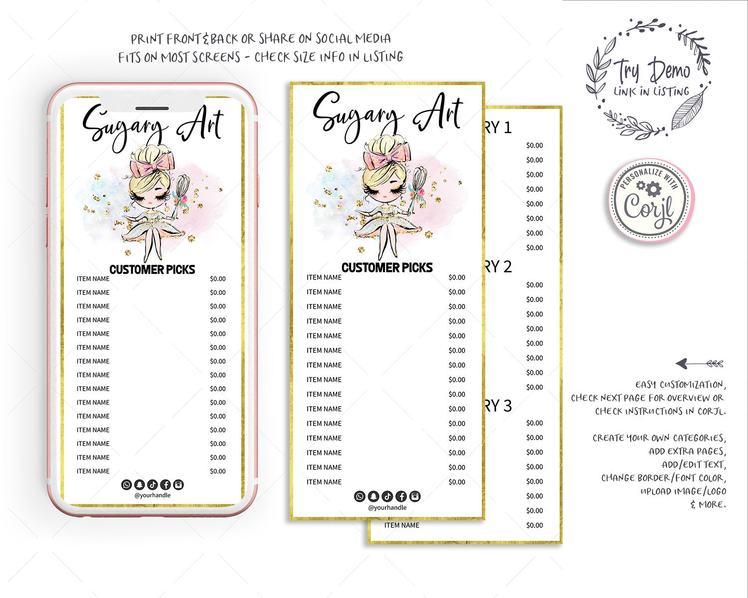Bakery Price List, Bakery Menu Card, Blond Hair Bakery Girl holding a Whisk - Candy Jar Studios