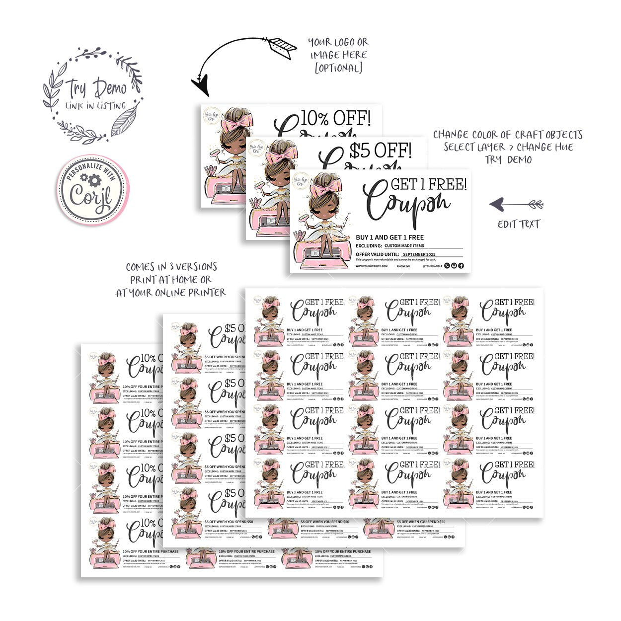 Handcrafter Business Coupons, Craft Shop Gift Cards, Brown Hair, Dark Skin - Candy Jar Studios
