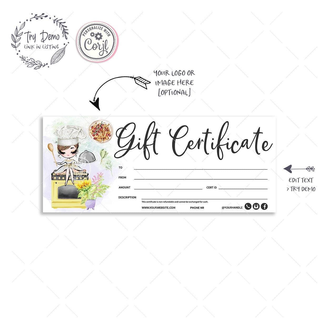 Catering Gift Certificate, Chef, Brown Hair, Fair Skin - Candy Jar Studios