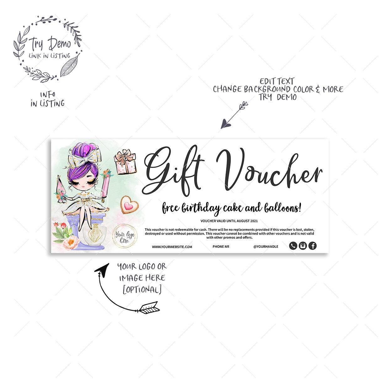 Bakery Gift Voucher, Pastry, Purple Hair, Fair Skin - Candy Jar Studios
