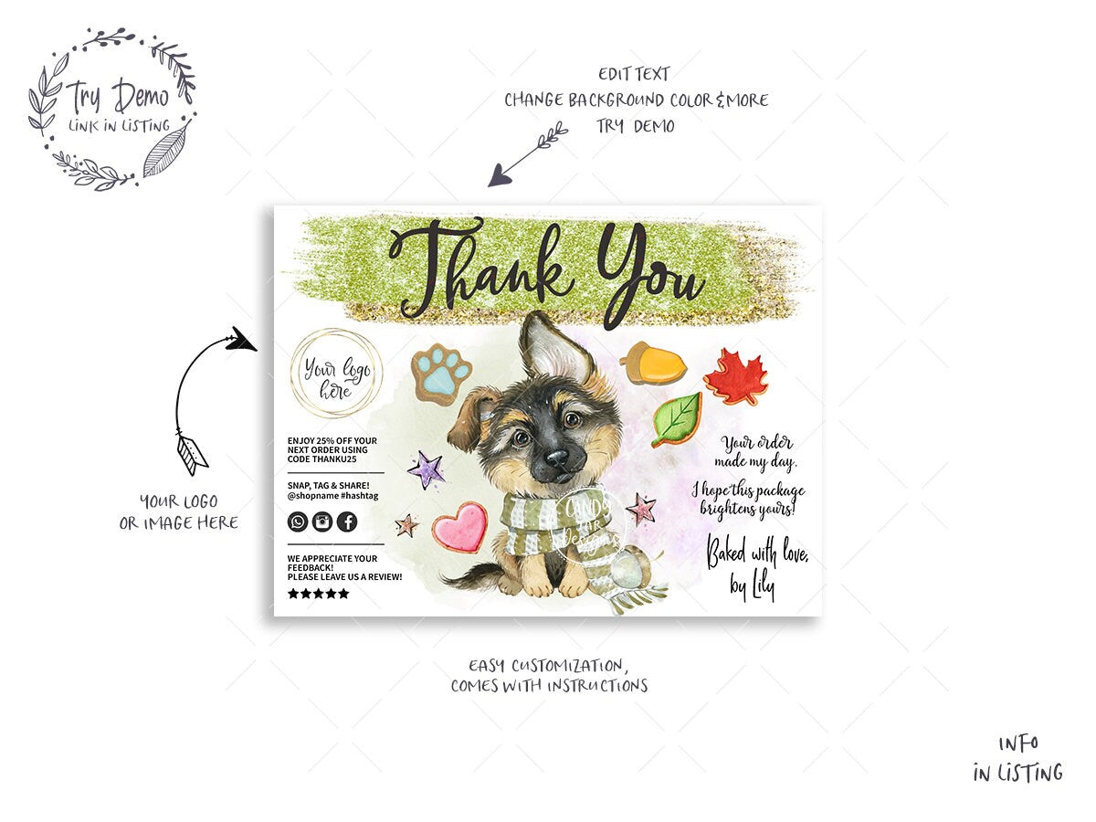 Dog Bakery Thank You Insert Card, Thanksgiving Bakery, German Shepherd - Candy Jar Studios