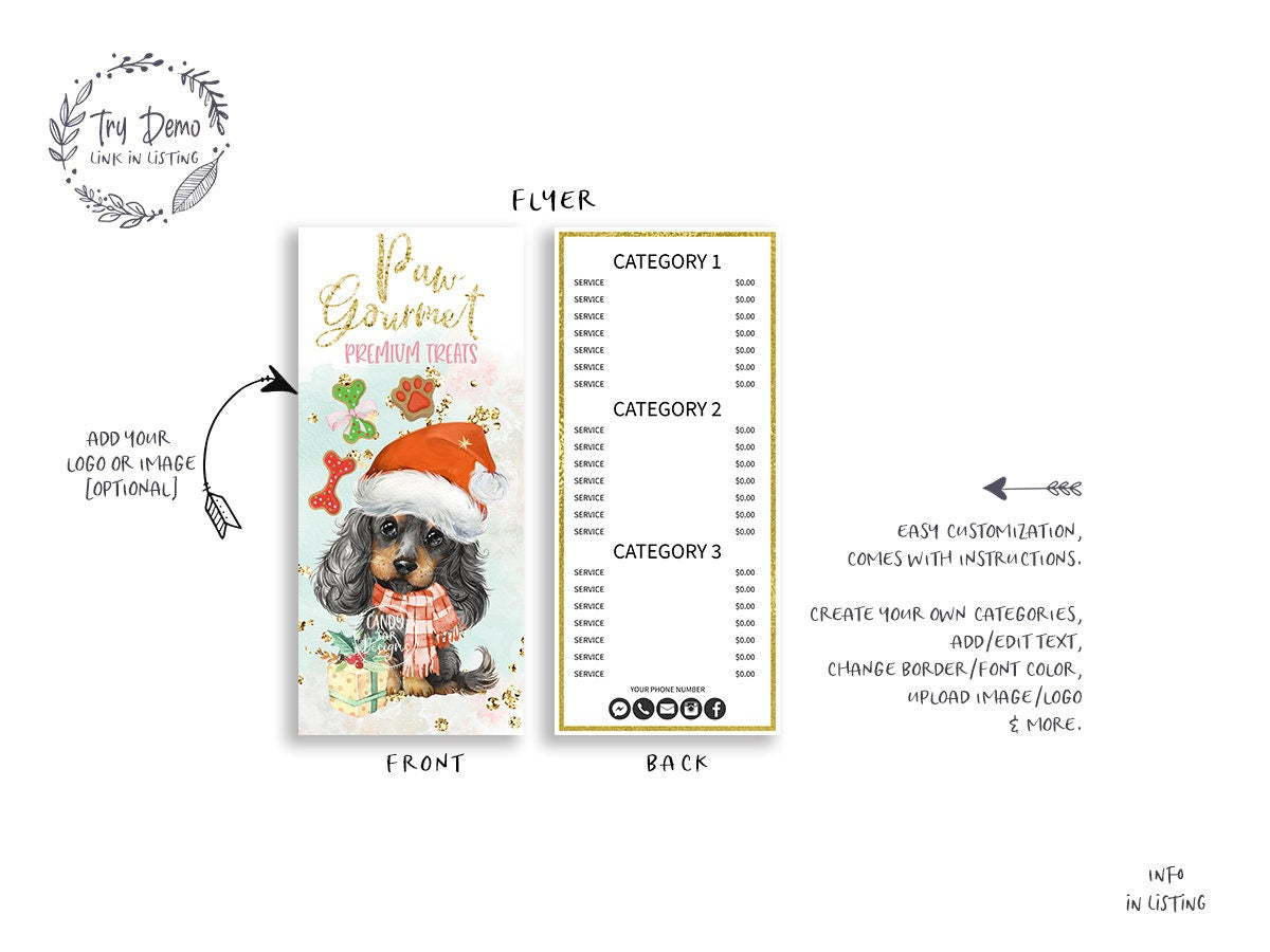 Dog Bakery Flyer Menu Card, Pet Christmas Price List - Candy Jar Studios