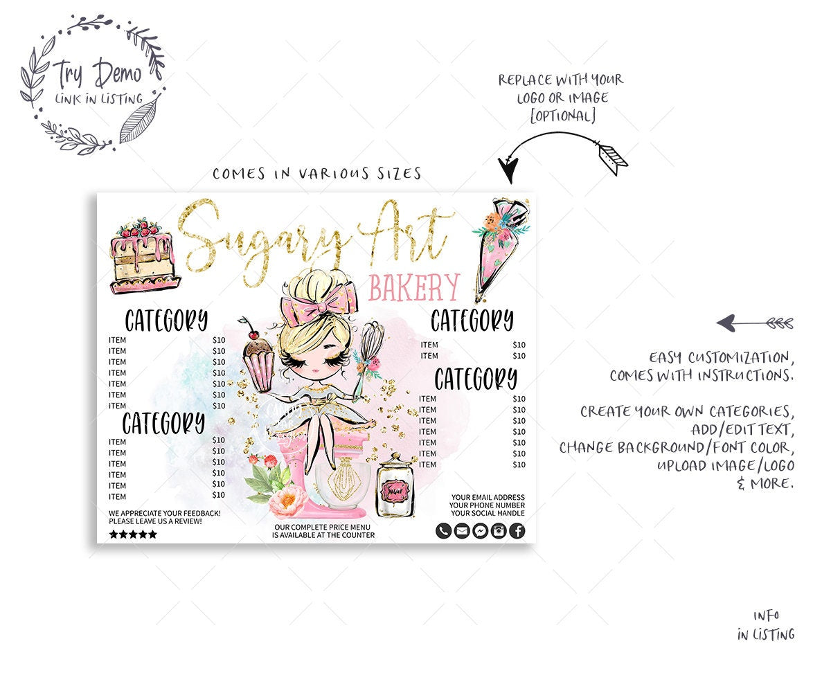 Bakery Price List Bundle, Menu Card Set, Blond Girl holding a Cupcake and Whisk - Candy Jar Studios
