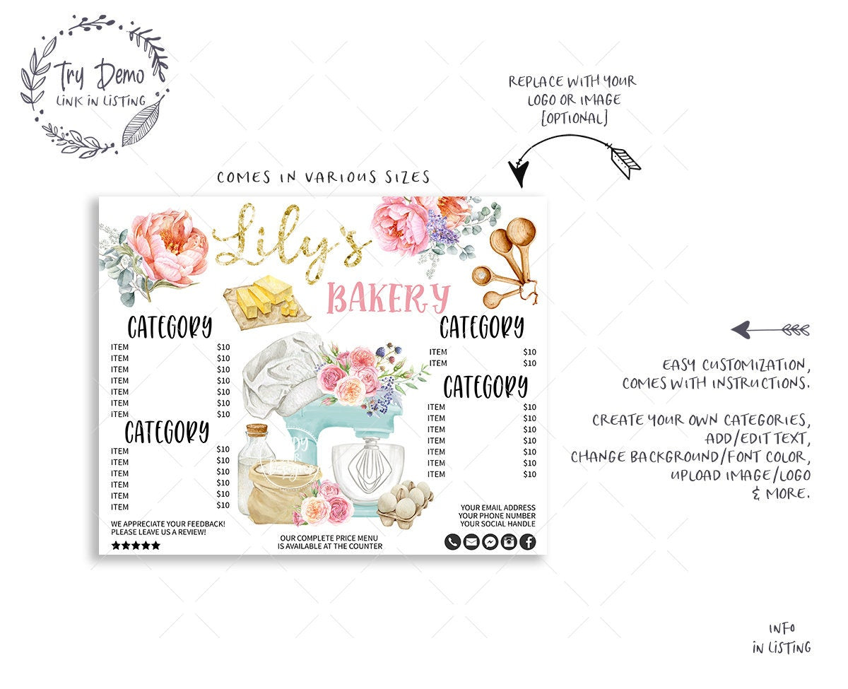 Bakery Price List Bundle, Menu Card Set, Kitchen Mixer with Chef Hat and Flowers - Candy Jar Studios