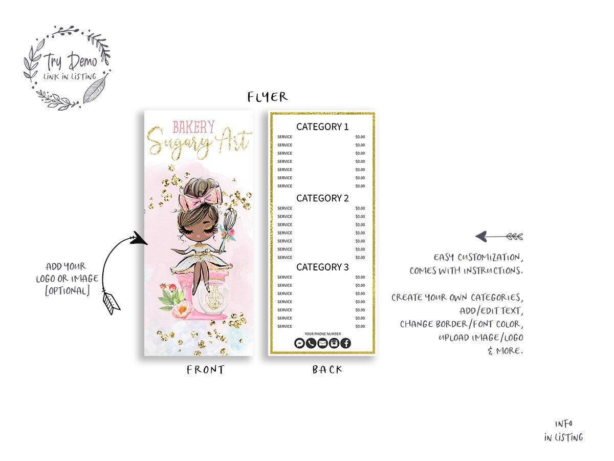 Baking Girl Flyer Price List, Foldable Baking Price Menu Card, Brown Hair Girl holding a Whisk - Candy Jar Studios