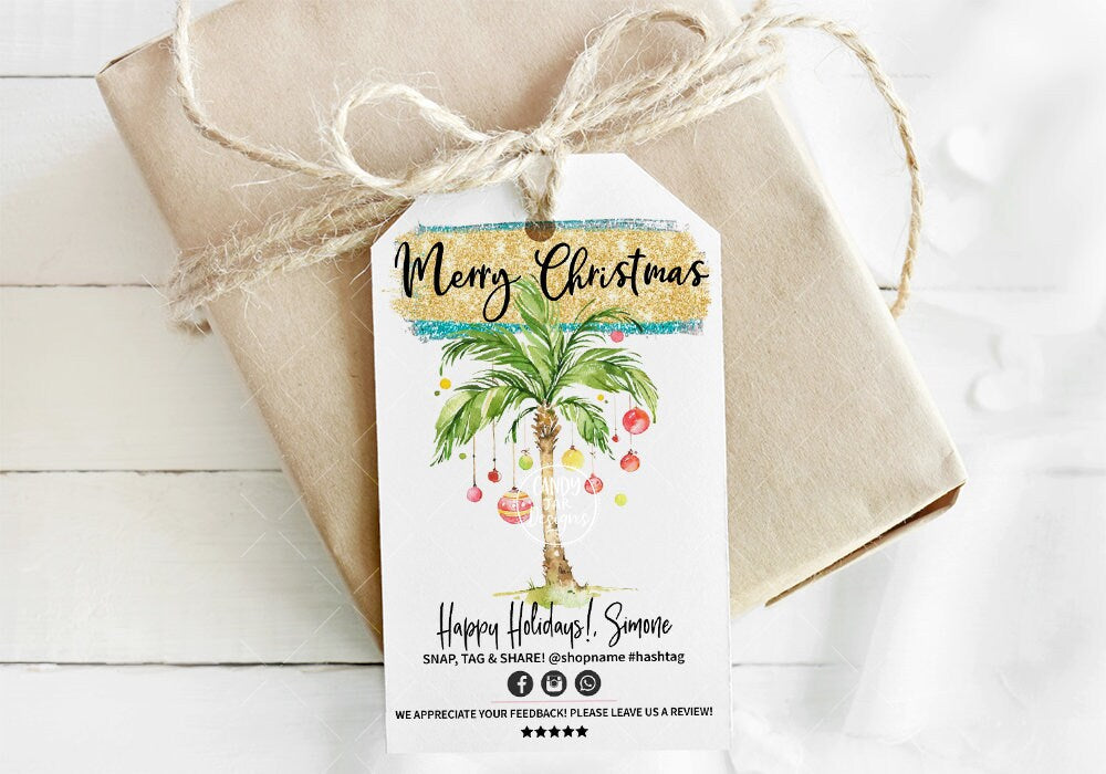 Tropical Christmas Tag, Funny Tag, Palm Tree, Business Thank You Tag, Holiday Packaging, Printable Tag, Editable, CJ101-01v1-TGA - Candy Jar Studios