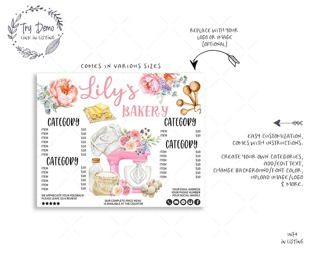 Bakery Price List Bundle, Menu Card Set, Kitchen Mixer with Bakery Hat and Flowers - Candy Jar Studios
