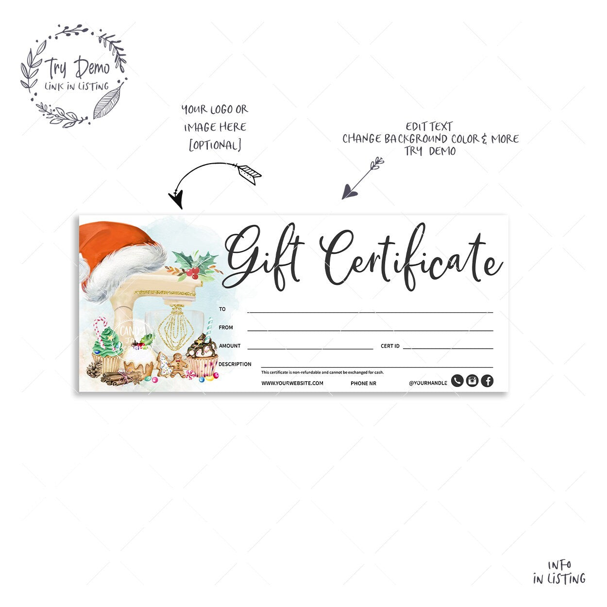 Bakery Christmas Gift Certificate, Kitchen Mixer With Bakery Hat - Candy Jar Studios