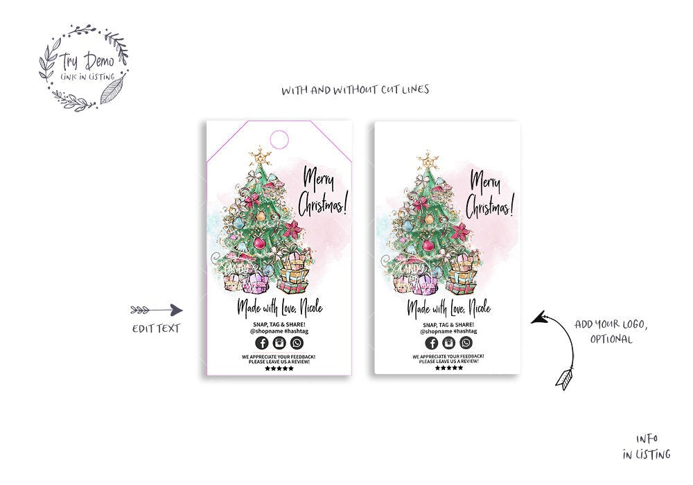 Christmas Tree Business Tag, Xmas Business Tag, Winter Tag, Customer Thank You, Holiday Packaging, Printable, Editable, CJ132-01v1-TGA - Candy Jar Studios
