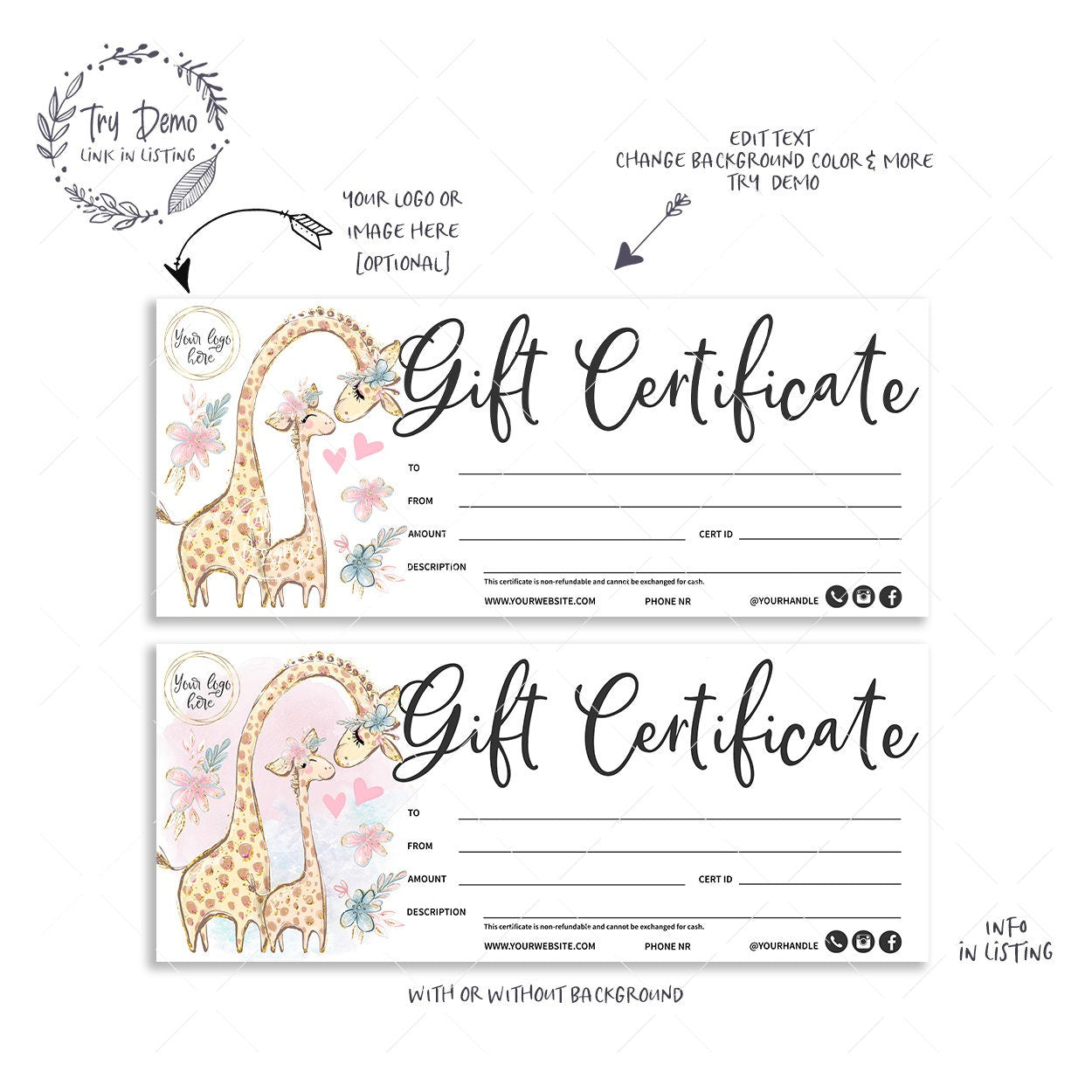Kids Boutique Gift Certificate, Baby Gift Certificate, Giraffe Mom & Baby - Candy Jar Studios