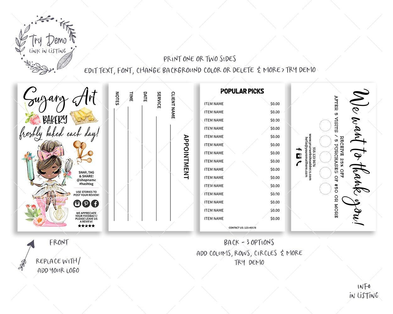 Baking Business Card Set, Brown Hair Bakery Girl holdinh a Rolling Pin and Whisk - Candy Jar Studios