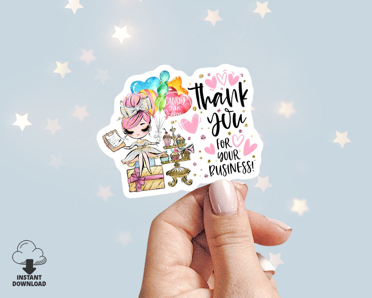 Party Planner Thank You Business Sticker, Printable Planner Girl Sticker, Birthday Events Tag, Editable Insert, Pink, CJ009-26v1-fp-STK - Candy Jar Studios