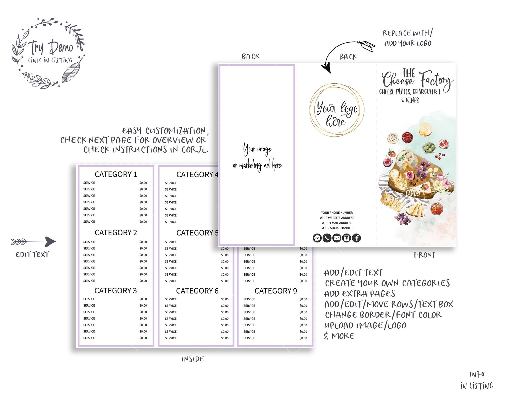 Cheese Board Tri-Fold Price List, Restaurant Charcuterie Foldable Menu Card - Candy Jar Studios