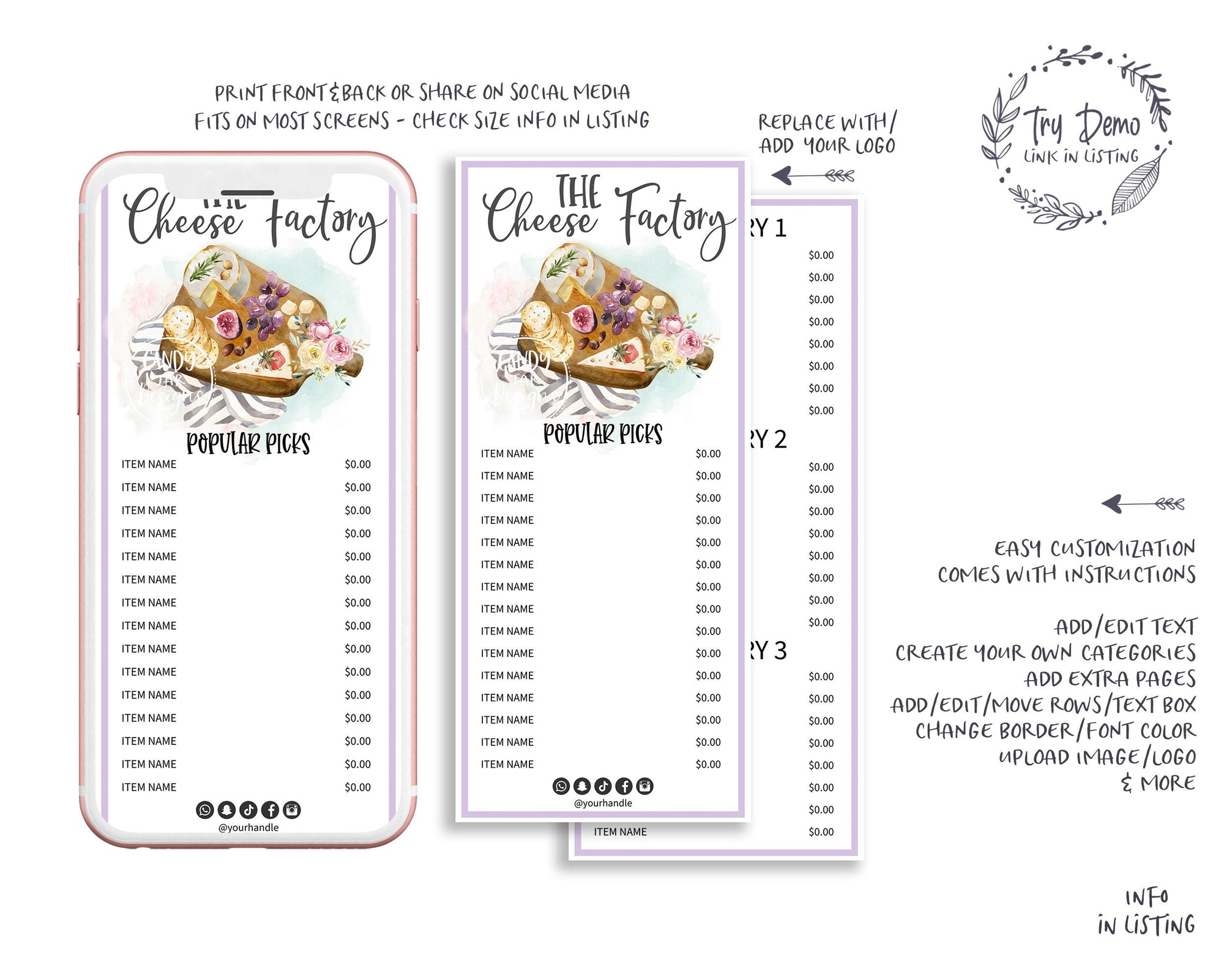 Cheese Board Price List, Restaurant Charcuterie Menu Card - Candy Jar Studios