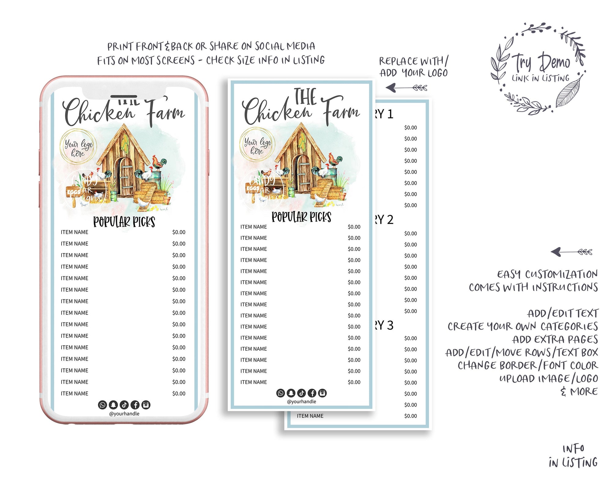 Chicken Farm Price List, Farm Food Menu Card - Candy Jar Studios