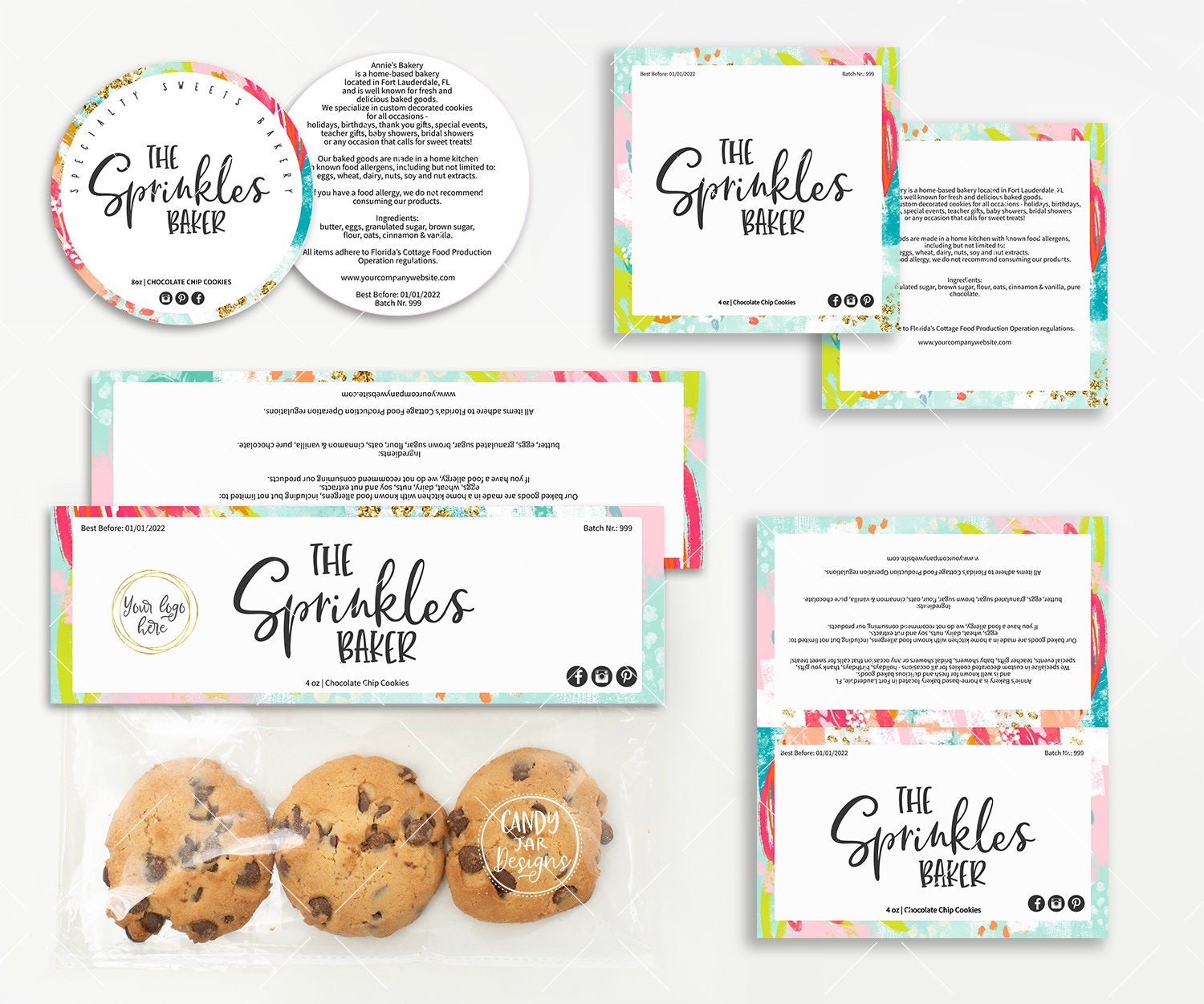Cookie Label Set, Bag Topper, Pastry Packaging Labels, Printable Food Topper, Ingredients Product Label, Editable, CJ059-01v1-LBLS - Candy Jar Studios