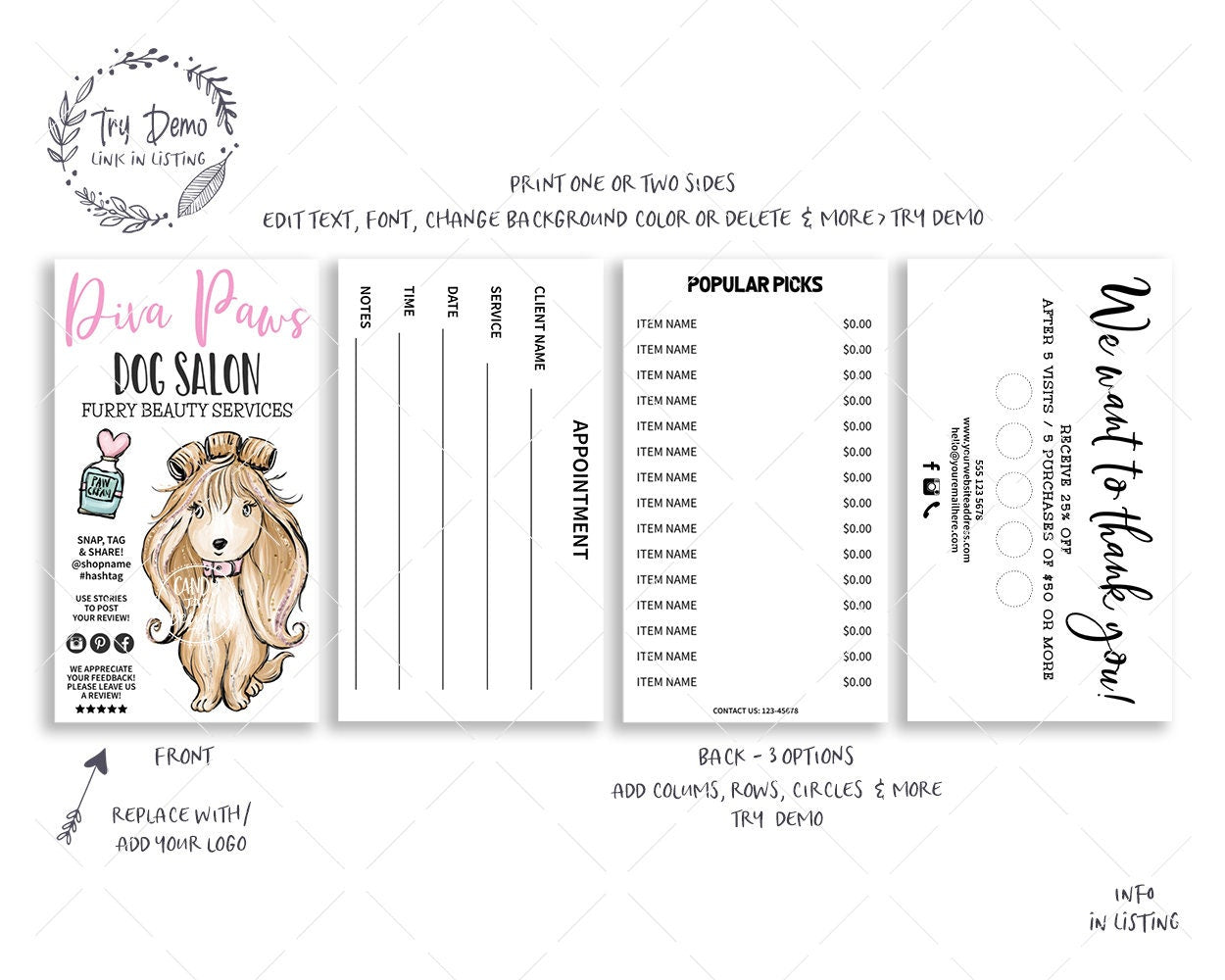 Dog Salon Business Card, Pet Groomer Mini Service Menu Card