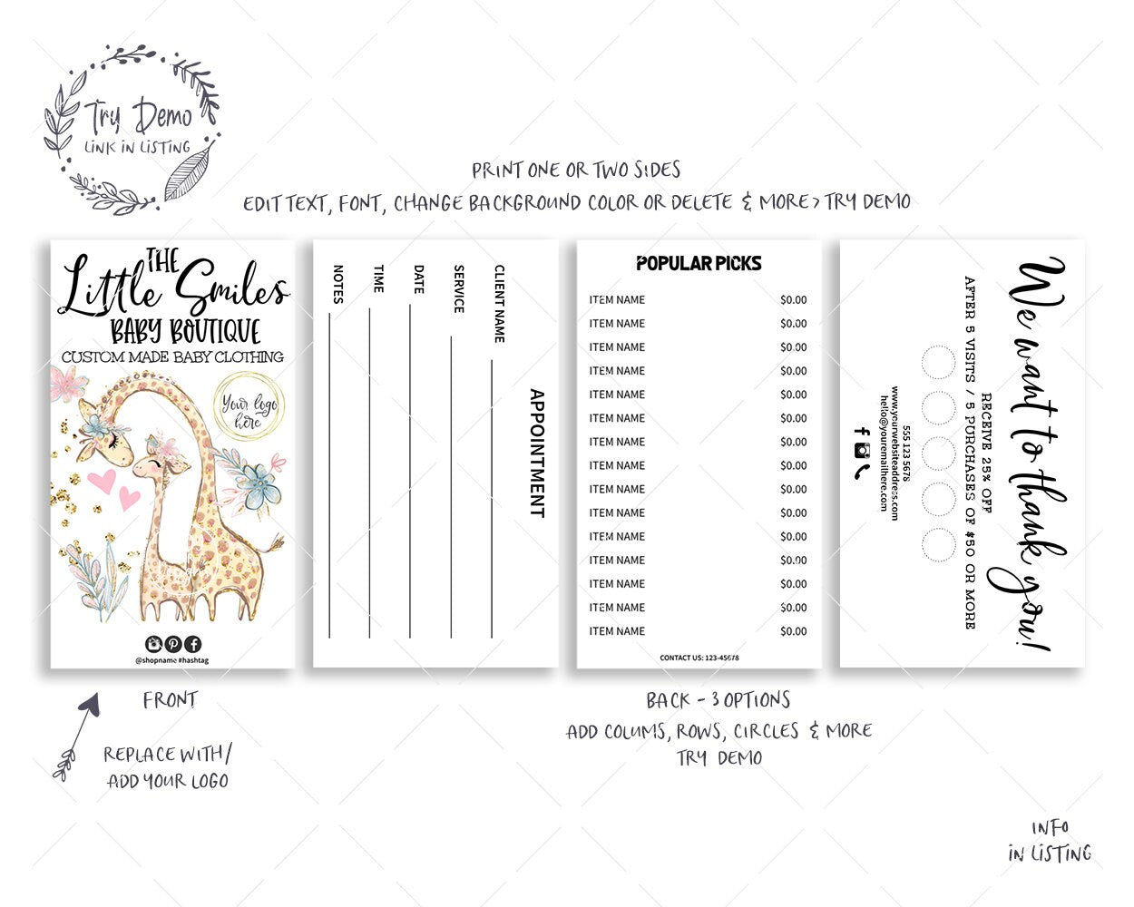 Kids Boutique Business Card Set, Giraffe Mom & Baby