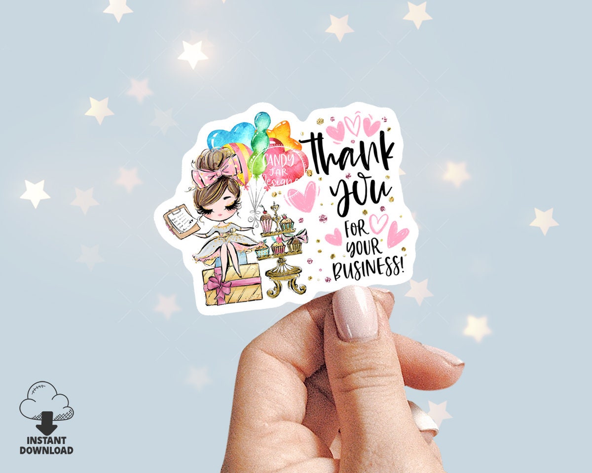 Party Planner Thank You Business Sticker, Printable Planner Girl Sticker, Birthday Events Tag, Editable Insert, Brown, CJ009-26v1-fw-STK - Candy Jar Studios