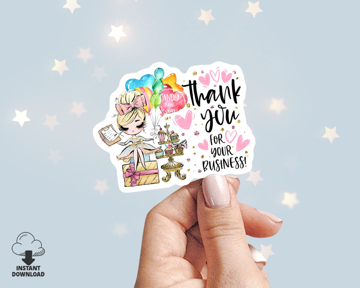 Party Planner Thank You Business Sticker, Printable Planner Girl Sticker, Birthday Events Tag, Editable Insert, Blond, CJ009-26v1-fo-STK - Candy Jar Studios