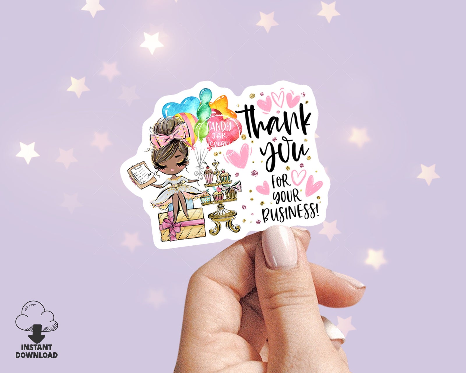 Party Planner Thank You Business Sticker, Printable Planner Girl Sticker, Birthday Events Tag, Editable Insert, Brown, CJ009-26v1-dw-STK - Candy Jar Studios