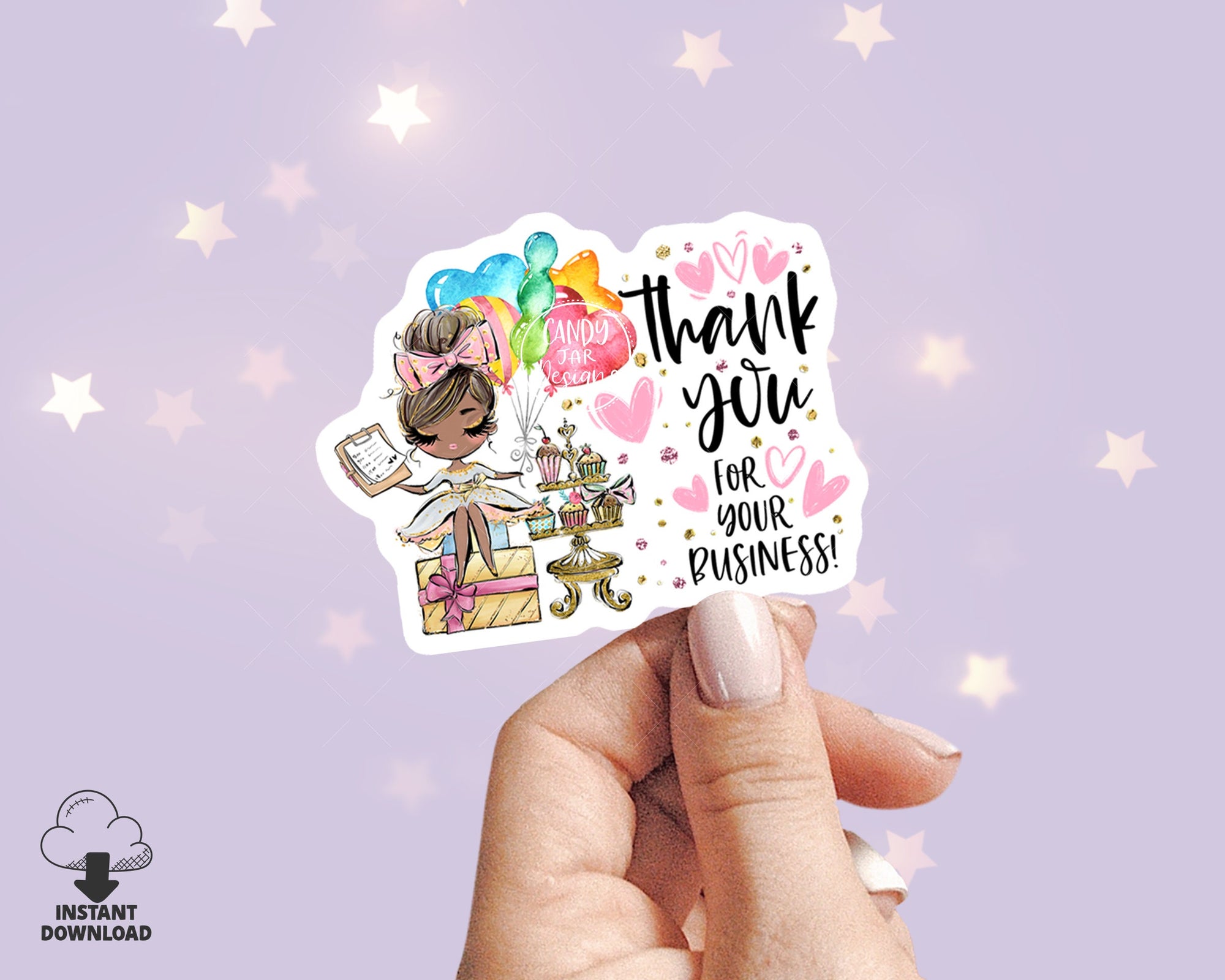 Party Planner Thank You Business Sticker, Printable Planner Girl Sticker, Birthday Events Tag, Editable Insert, Brown, CJ009-26v1-dw-STK - Candy Jar Studios